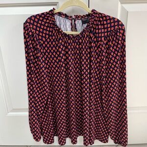 Lane Bryant Navy Floral Swing Crew Ruffle Neck Long Sleeve Elastic Cuff Top